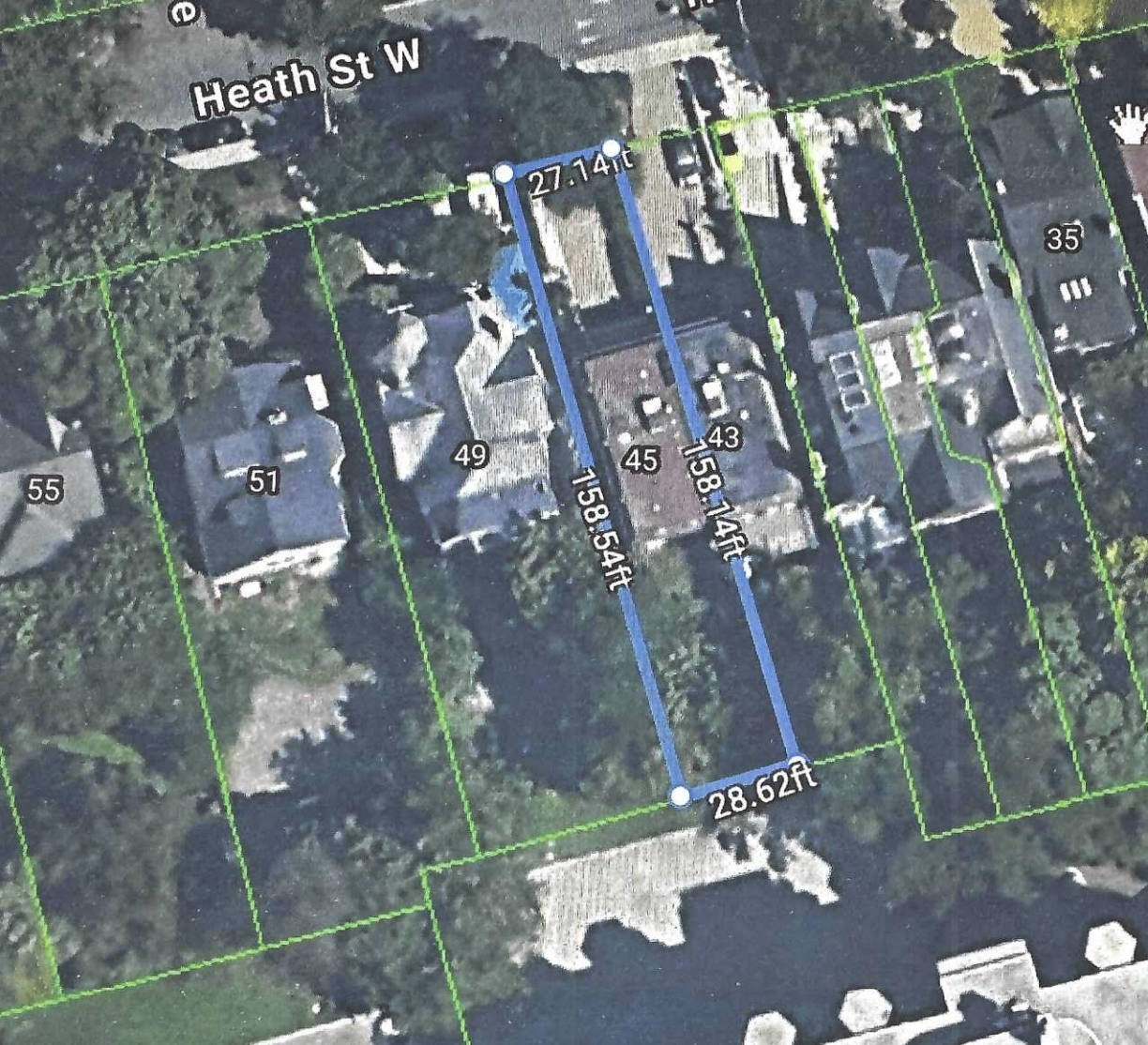 Overhead aerial view of 45 Heath St W showing the property and its oversized lot on Heath Street West